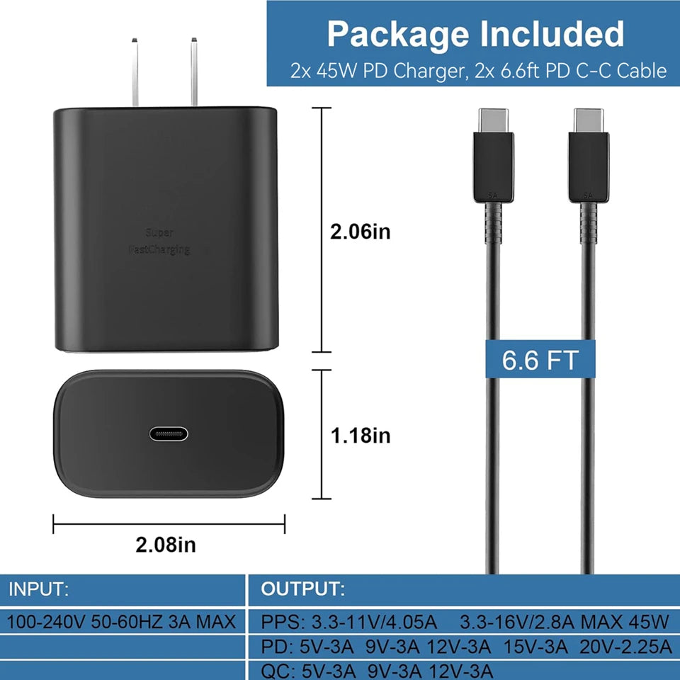 45W Super Fast Charger with USB-C Cable for Samsung Galaxy