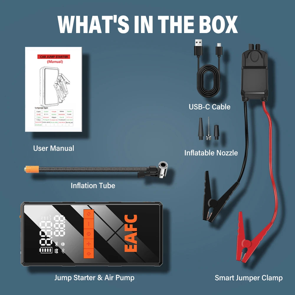 🚗⚡ 12V Car Jump Starter 4-in-1 – Wireless Tire Inflator Air Compressor, Power Bank & Fast Charging Portable Battery