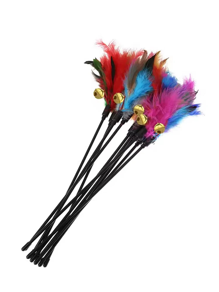 🐱🎣 Cat Interactive Feather Wand Toy Set (5PCS) – Colorful Chicken Feather Teaser with Bell | Portable Cat Stick Toys