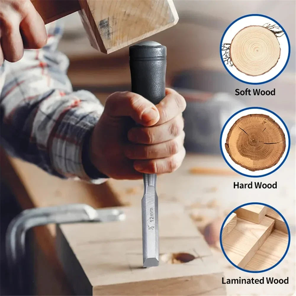 Hand Tool Wood Chisel Carbon Steel Chisel with Hammer End and Anti-Slip Handle Carpentry Tools Woodworking Chisel 19/25/32/38mm