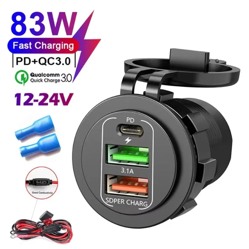 🚗 4‑Port PD + QC 3.0 Car Charger with Voltmeter | 83W Fast Charge | Waterproof 12V/24V