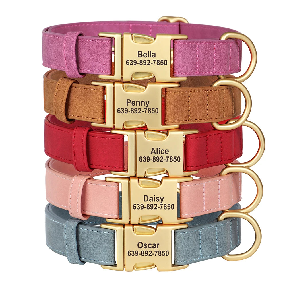 PU Leather Dog Collar with Free Custom Engraved Nameplate, Adjustable Anti‑Lost Buckle Collar for All Dog Sizes