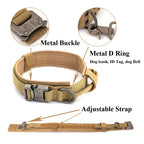 Dog collar with metal buckle, D ring, and adjustable strap on a white background