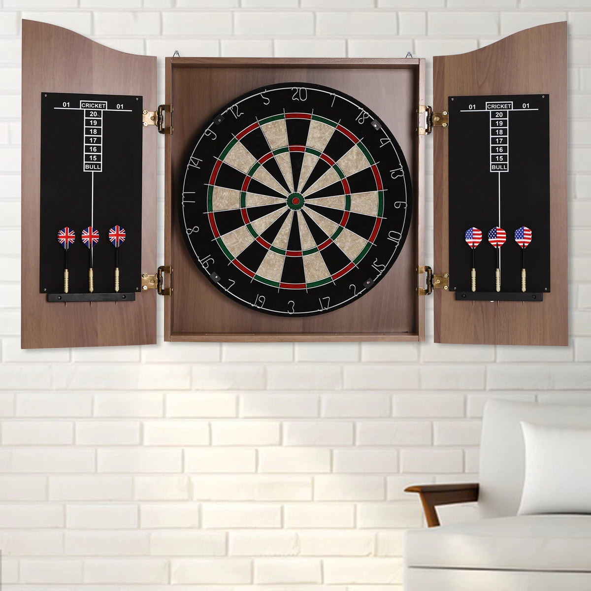 🎯 Wall‑Mounted MDF Dartboard Cabinet Set for Adults | Premium Sisal Dart Board with Scoreboards, Storage & Modern Brown Cabinet | Home, Bedroom, Bar Game Room Decor ⭐