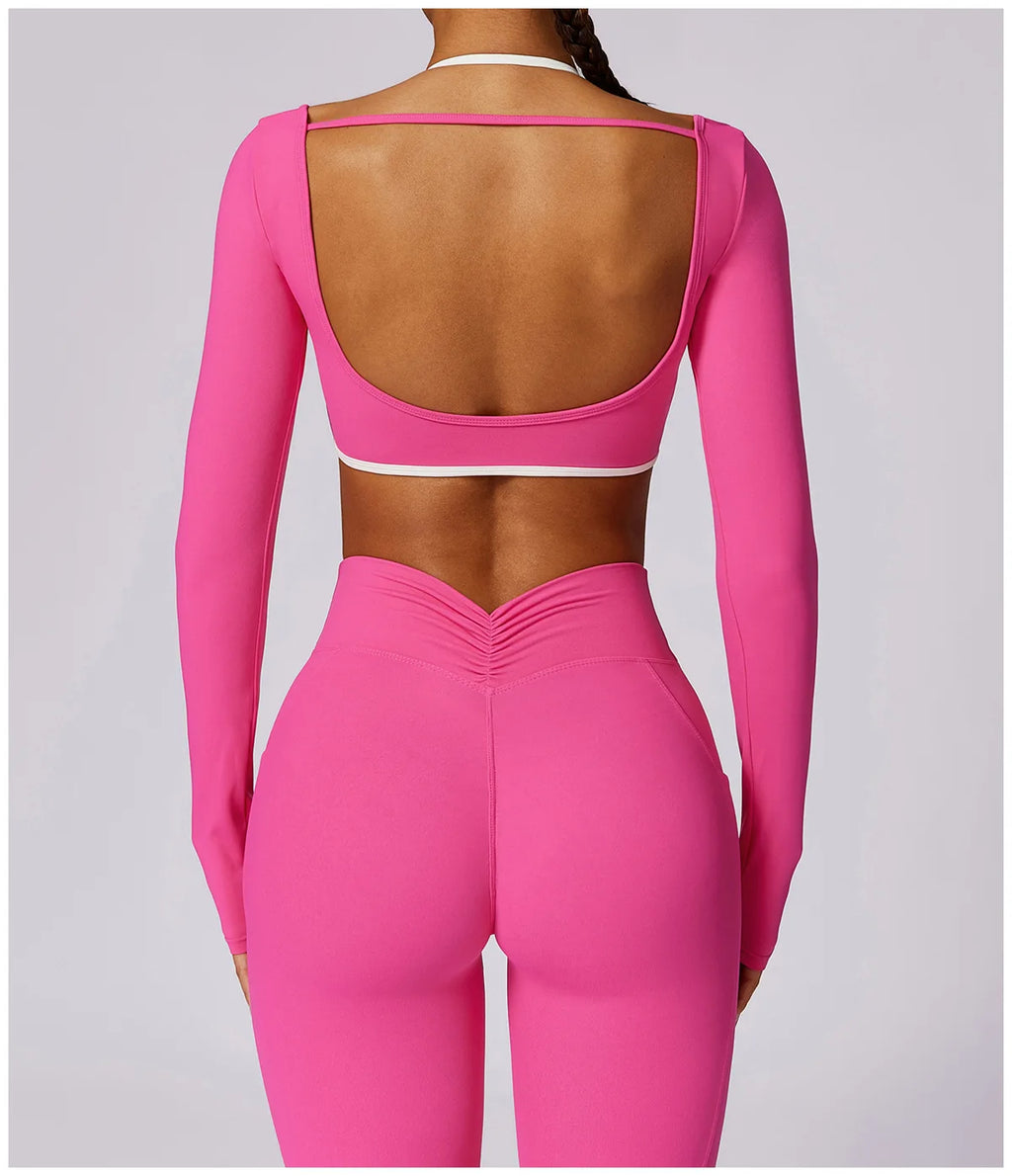 2Pcs Gym Set Women Workout Backless Yoga Suit Women Quick Dry Running Legging Fitness Bra Short-sleeved Shirt Sports Suit Female