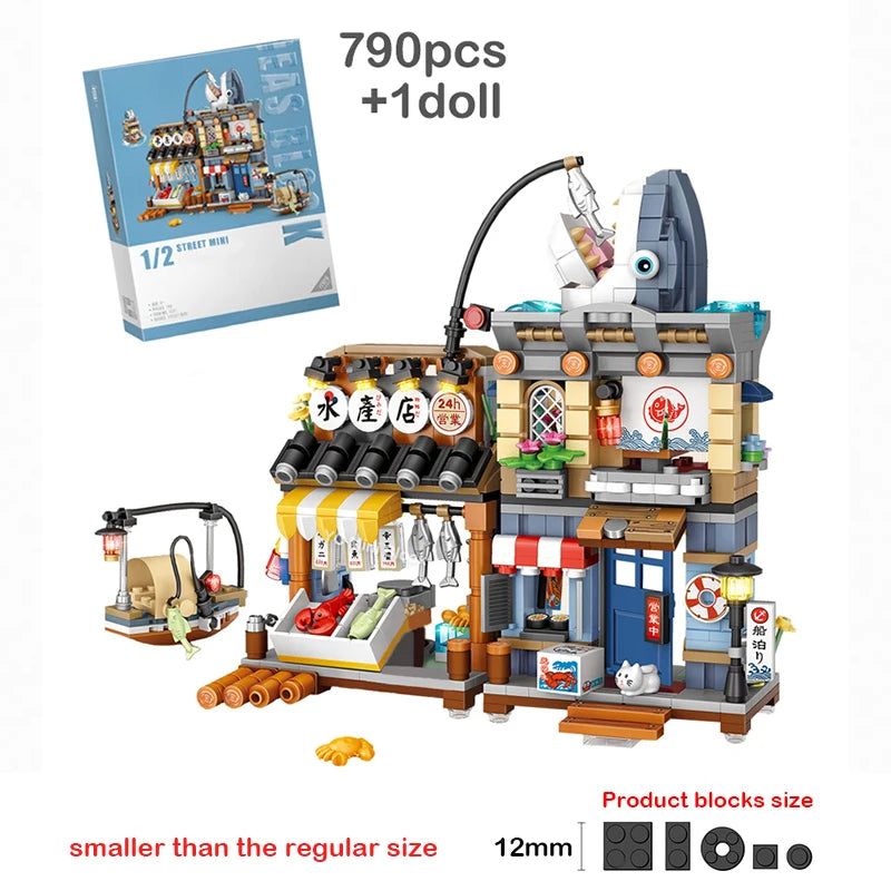 🍋🍜 Creative Mini Building Blocks – Snack Bar, Sea Fish Food House & Lemon Tea Shop DIY Puzzle Toy for Kids & Girls