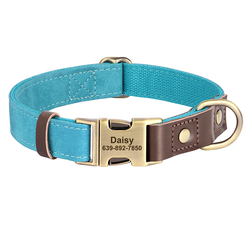 🐾 Customized Dog Collar | Durable PU Leather + Nylon | Engraved Pet ID Necklace 🐶 | Adjustable Metal Buckle for Small, Medium & Large Dogs (Pug, Pitbull, Chihuahua, Terrier) ✨