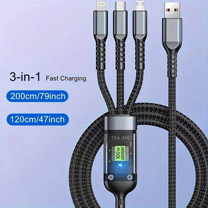 100W 3-in-1 MFi Transparent Fast Charging Cable with LED Pilot Lamp