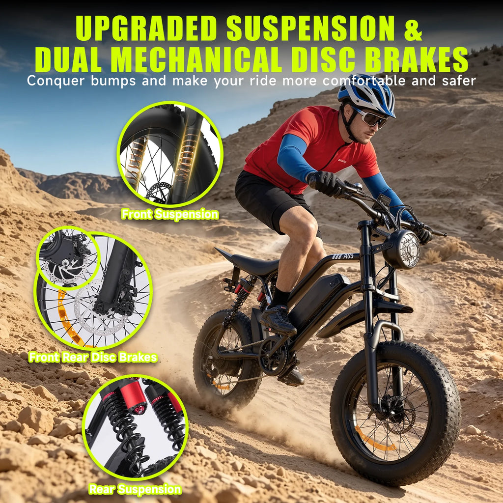 1500W Mountain Electric Bike 48V 15Ah Lithium Battery 20" Fat Tire Adult eBike, 31 MPH Max Speed, 65 Mile Range, Shimano 7-Speed