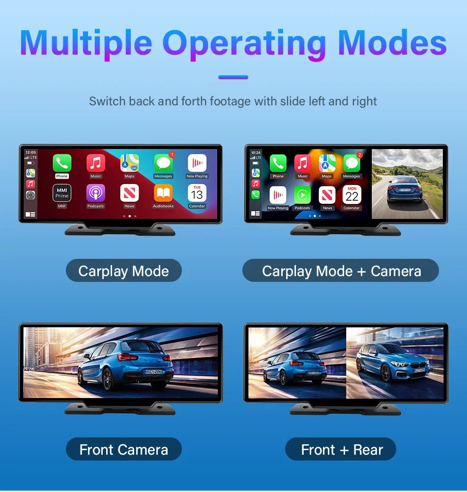 10.26" 4K Dash Cam Mirror with Wireless CarPlay & Android Auto, GPS, Rear Camera, 1600x600 IPS Touchscreen, Voice Control, Parking Monitor