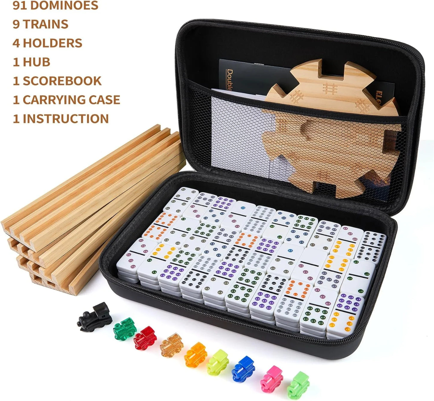 Mexican Train Double 12 Dominoes Set 🎲 | 91 Colorful Tiles, 4 Wooden Trays, 9 Trains 🚂 | Portable Carry Case for Family Game Nights 👨‍👩‍👧‍👦