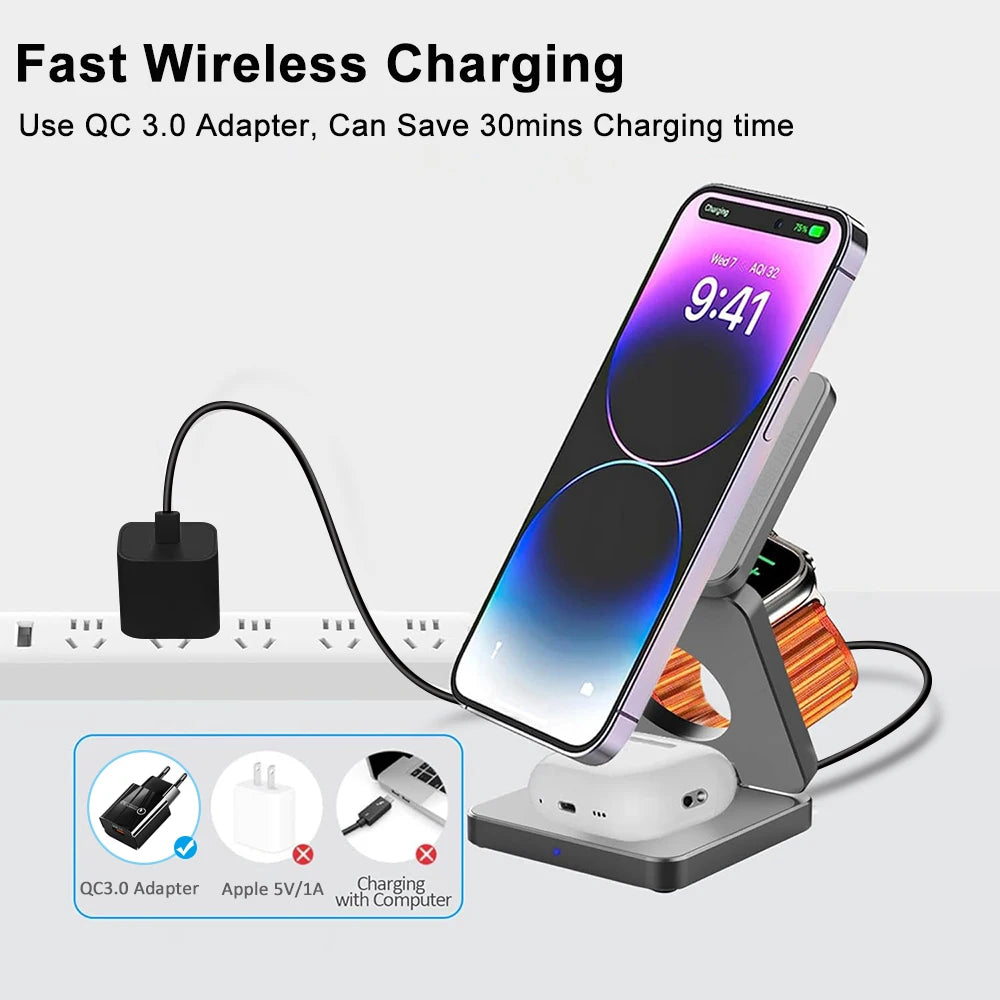 3-in-1 Foldable Magnetic Wireless Charging Station for iPhone & Apple Watch