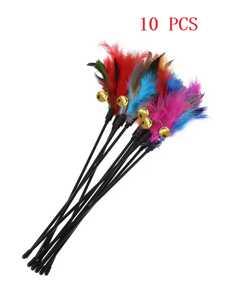 🐱🎣 Cat Interactive Feather Wand Toy Set (5PCS) – Colorful Chicken Feather Teaser with Bell | Portable Cat Stick Toys