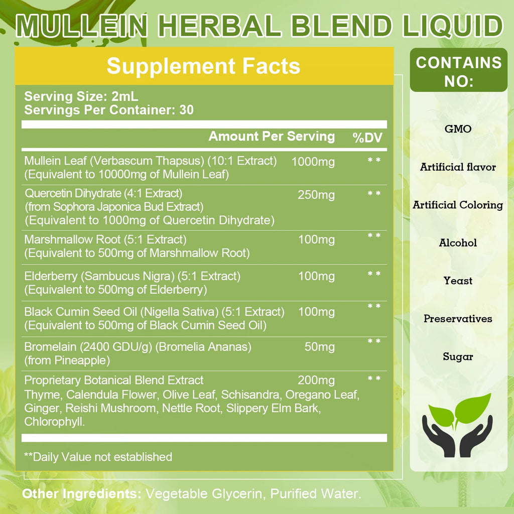 🌿Mullein Leaf Extract Drops 2 Fluid Oz. 1000mg | Lung Health 🌬️ | Breathing Support 😌 | Immune & Digestive Boost 💪 | CFDA Certified ✅ | 2 Fl. Oz. (60mL) Bottle 🧴