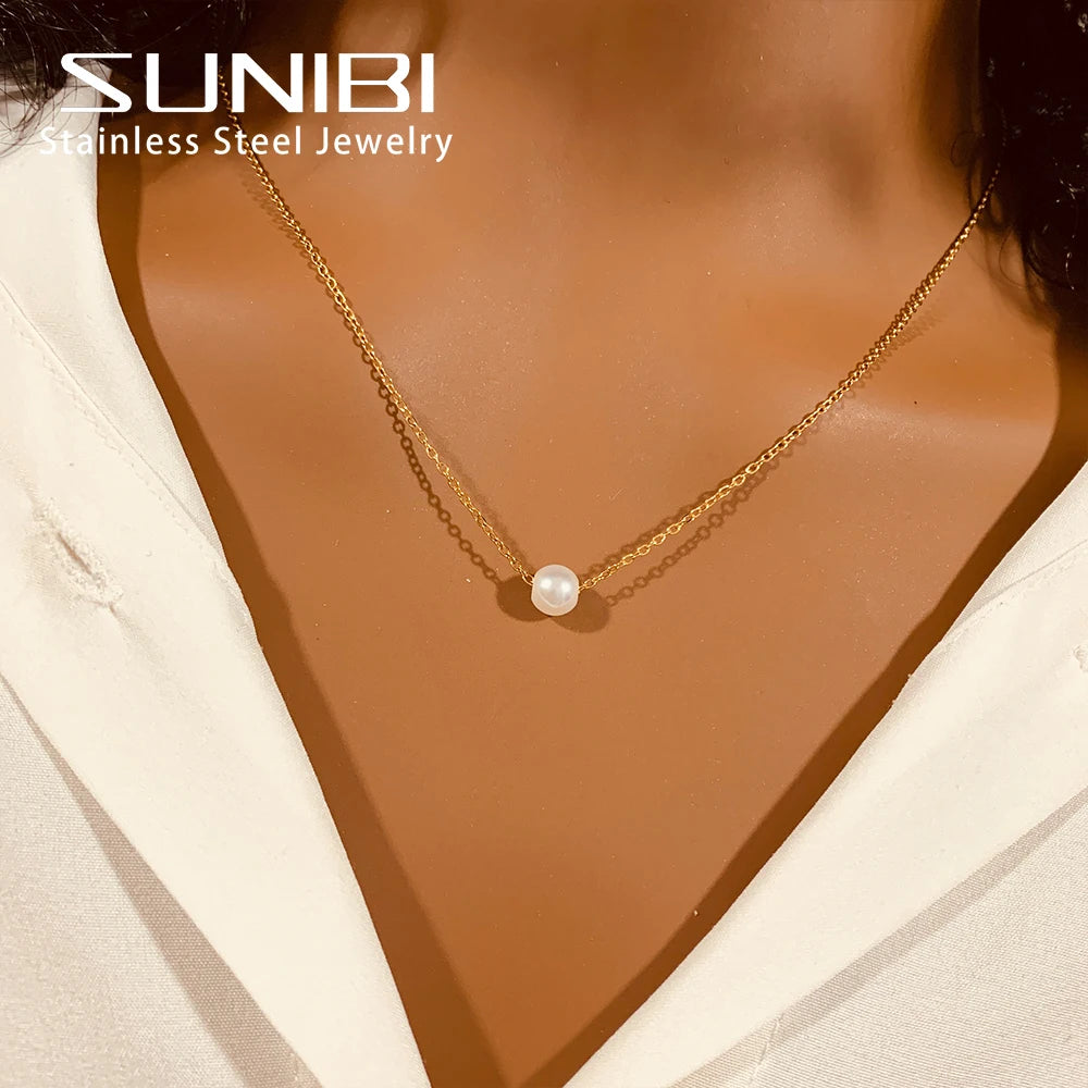 ✨💛 SUNIBI 2024 New Fashion Stainless Steel Pendant Necklace 🤍 | Gold Color Imitation Pearl Jewelry for Women 💎 | Wholesale Friendly