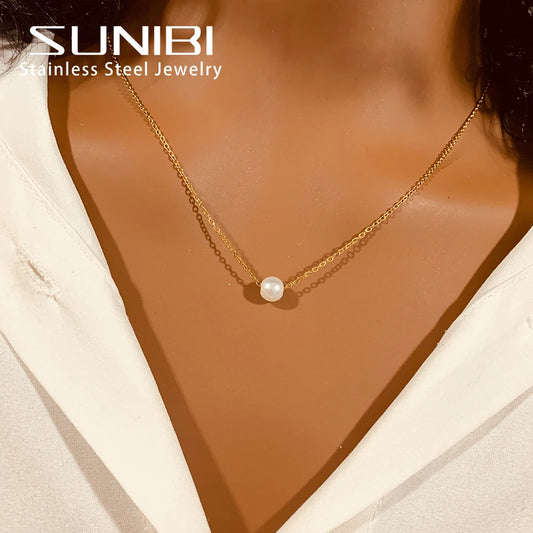 ✨💛 SUNIBI 2024 New Fashion Stainless Steel Pendant Necklace 🤍 | Gold Color Imitation Pearl Jewelry for Women 💎 | Wholesale Friendly