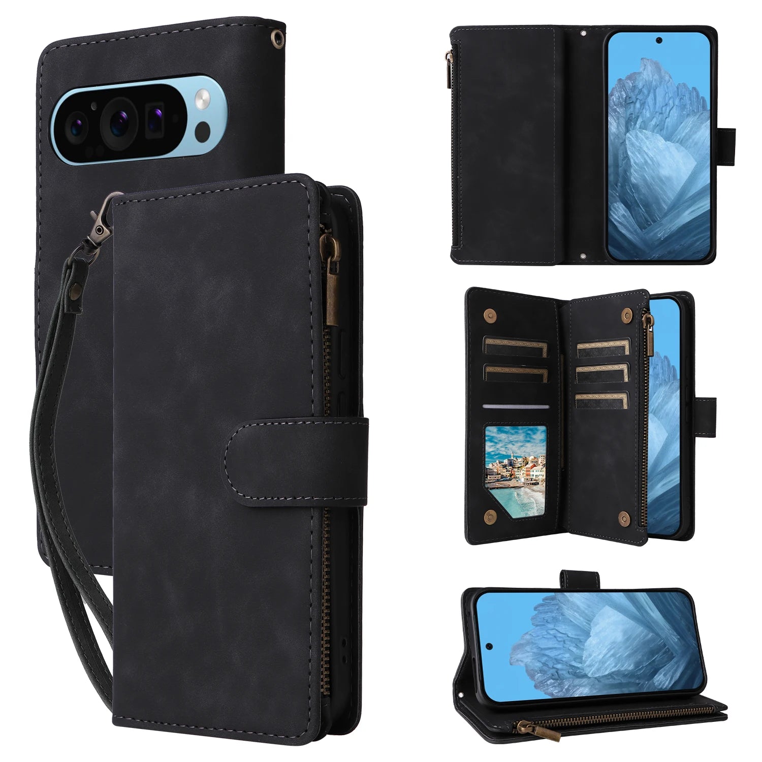 CAESBON Wallet Zipper Magnetic Flip Case with Kickstand for Google Pixel
