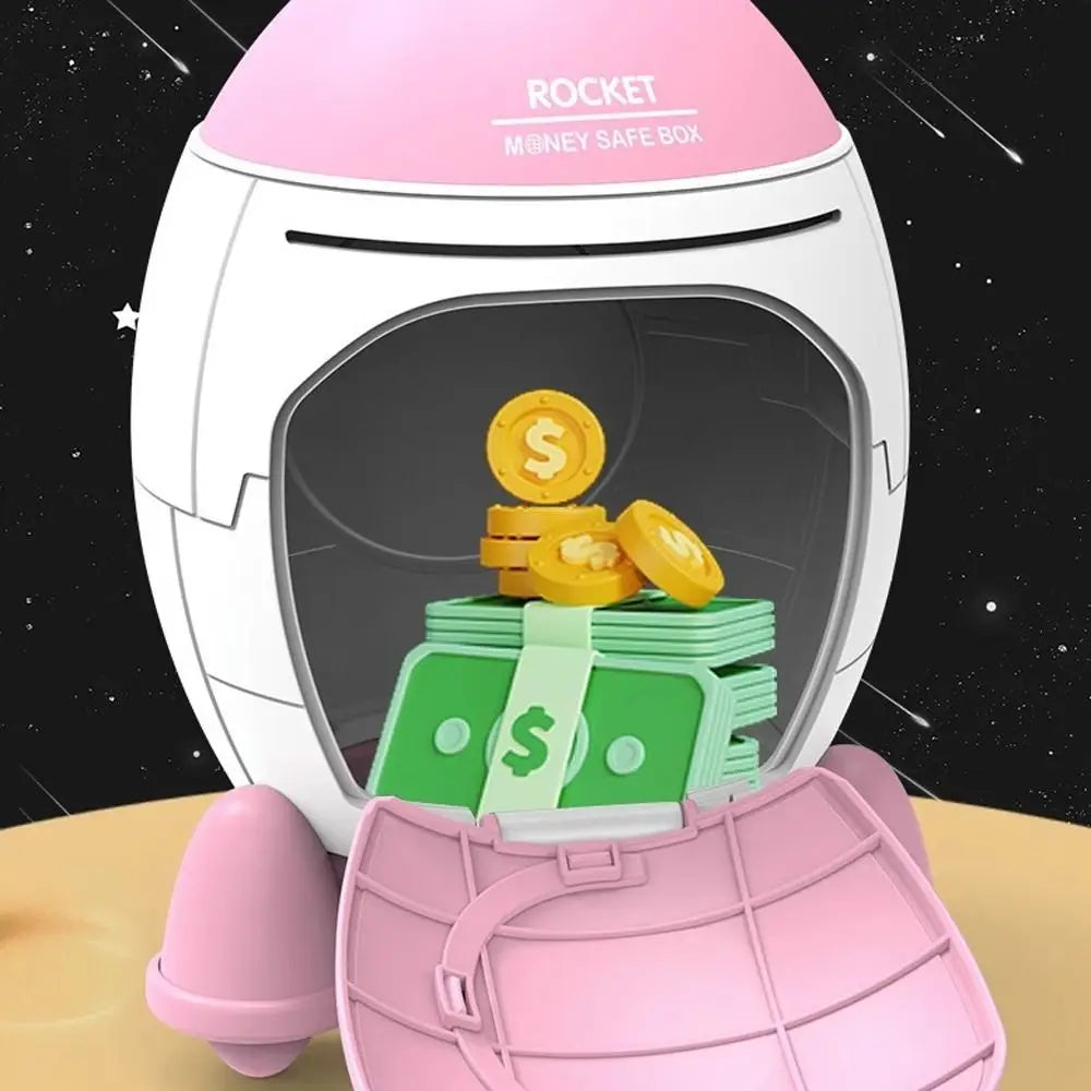 🚀🐷 Cute Children Piggy Bank Space Rocket Money Box ✨ | Cartoon Sticker Plastic Cash Box 💰 | Multi-Purpose Kids Gift Toy