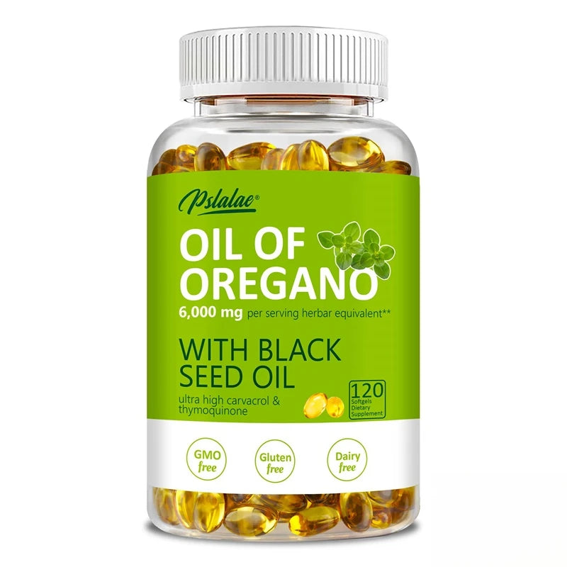 Oregano Oil Softgels with Black Seed Oil – 6,000mg Herbal Equivalent, Immune & Digestive Support – 120 Capsules