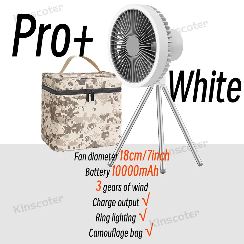 🌬️🔋 Rechargeable Camping Fan 4000mAh / 10000mAh – LED Light & Power Bank