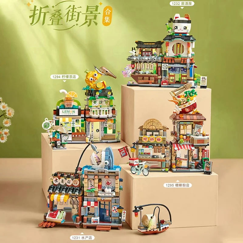 🍋🍜 Creative Mini Building Blocks – Snack Bar, Sea Fish Food House & Lemon Tea Shop DIY Puzzle Toy for Kids & Girls