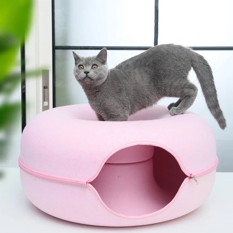 Donut Cat Tunnel Bed – Dual-Use Felt Cat House & Interactive Play Tunnel for Kittens and Indoor Cats
