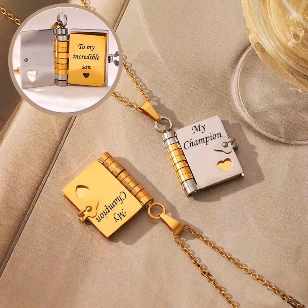 📖💙 To My Champion Son Book Necklace 🏆 | Engraved Openable Book Pendant with 6 Message Pages ✨ | Birthday Gift for Boys – My Little Hero 💪