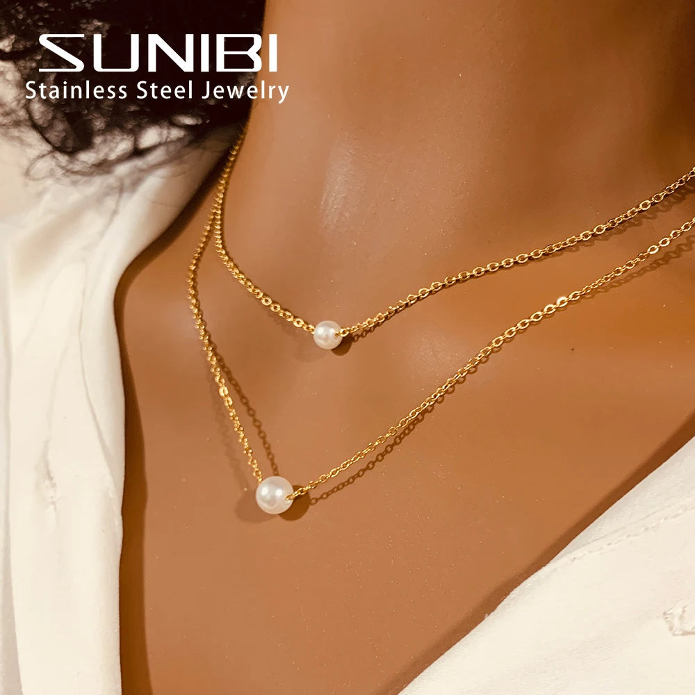 ✨💛 SUNIBI 2024 New Fashion Stainless Steel Pendant Necklace 🤍 | Gold Color Imitation Pearl Jewelry for Women 💎 | Wholesale Friendly
