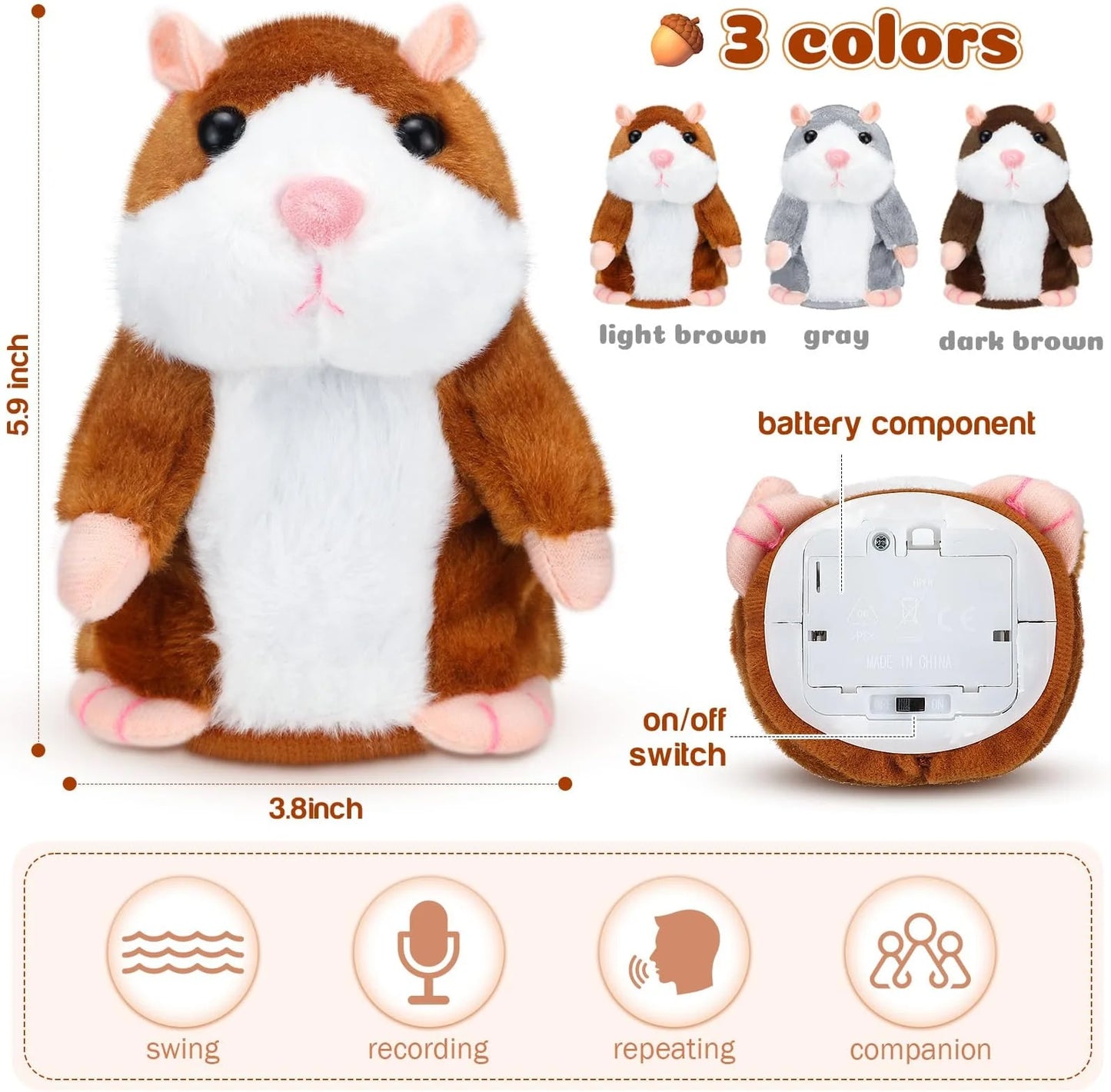 🐹💬 Cute Electric Talking Hamster Plush Toy – Interactive Voice-Repeating & Nodding Plush Companion for Kids