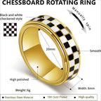 Stainless Steel Checkered Fidget Spinner Ring – Black & White Checkerboard | 18K Gold Plated Stress Relief Band (Unisex) ♟️💍✨