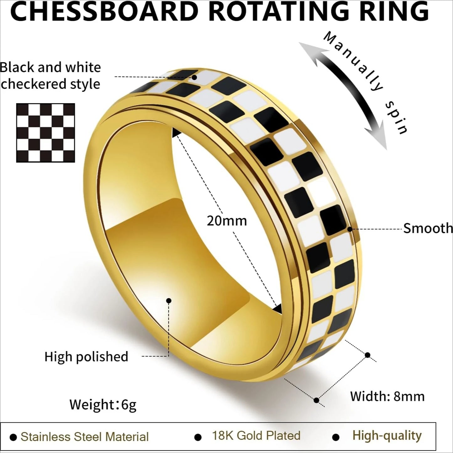 Stainless Steel Checkered Fidget Spinner Ring – Black & White Checkerboard | 18K Gold Plated Stress Relief Band (Unisex) ♟️💍✨