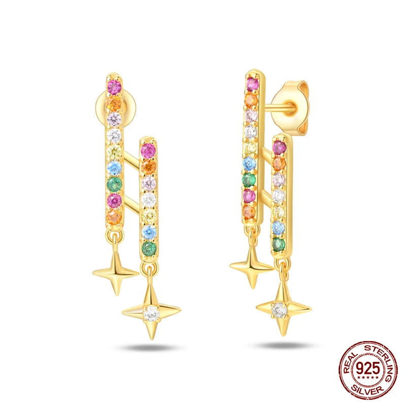 🌙⭐🐝 925 Sterling Silver Star Moon Bee Pendant Earrings ✨ | Gold-Tone Sparkling Zircon Luxury Earrings for Women 💎 | Wedding & Engagement Jewelry Gift 👰