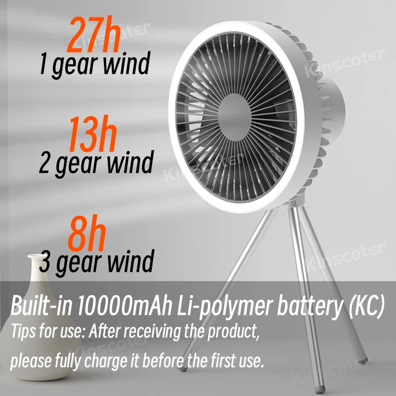 🌬️🔋 Rechargeable Camping Fan 4000mAh / 10000mAh – LED Light & Power Bank