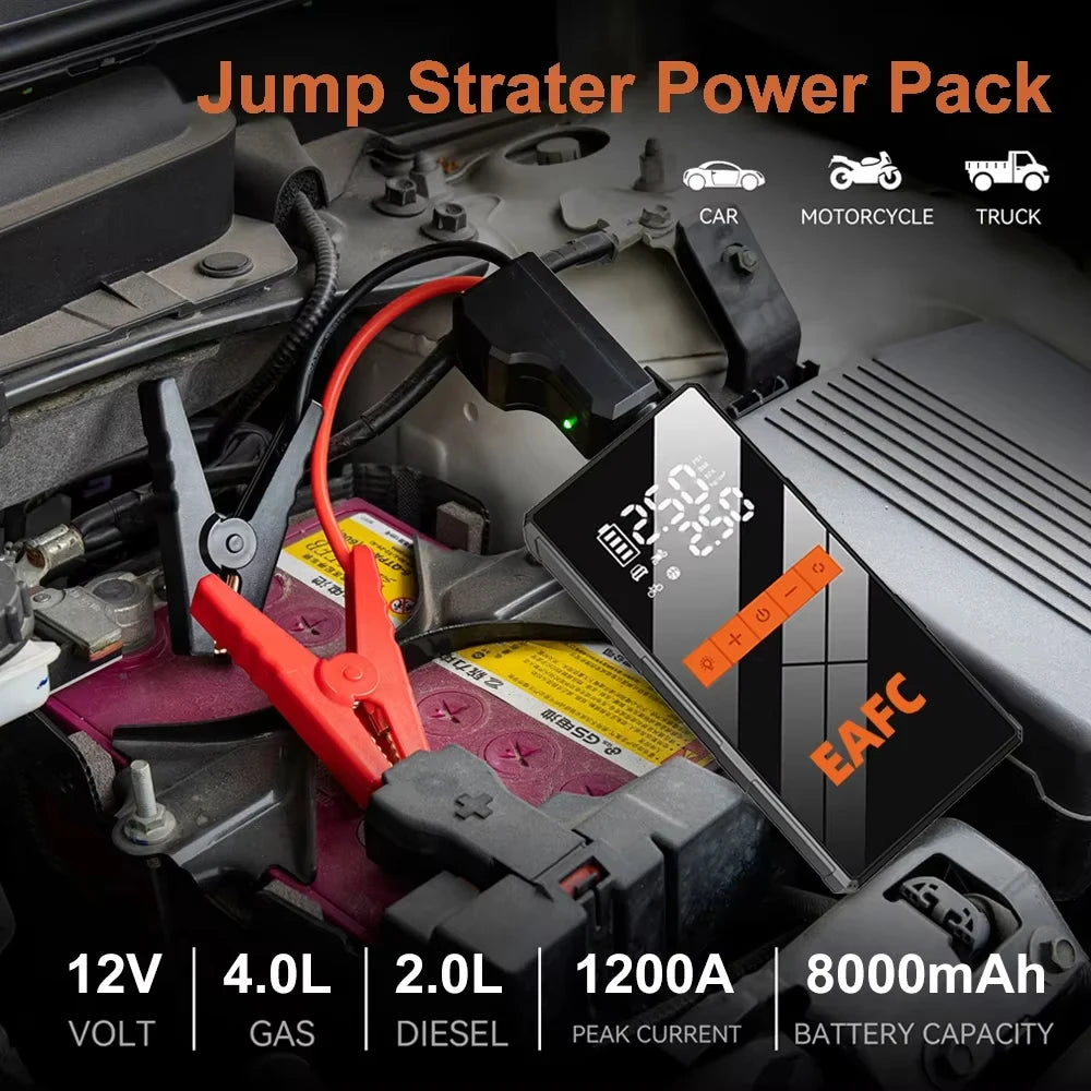 🚗⚡ 12V Car Jump Starter 4-in-1 – Wireless Tire Inflator Air Compressor, Power Bank & Fast Charging Portable Battery