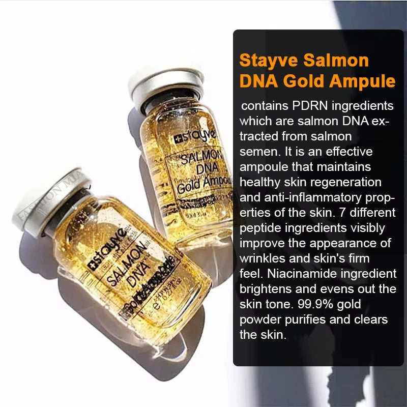 Two bottles of Stayve Salmon DNA Gold Ampule with product description text on a white background.