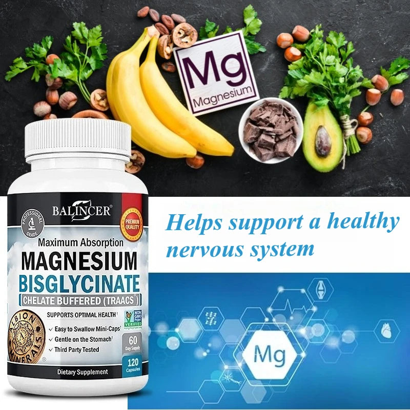 Magnesium Bisglycinate - for Muscle, Nerve, Sleep, Joints, Bones, Immune & Energy - High Absorption, Vegetarian,120 Capsules