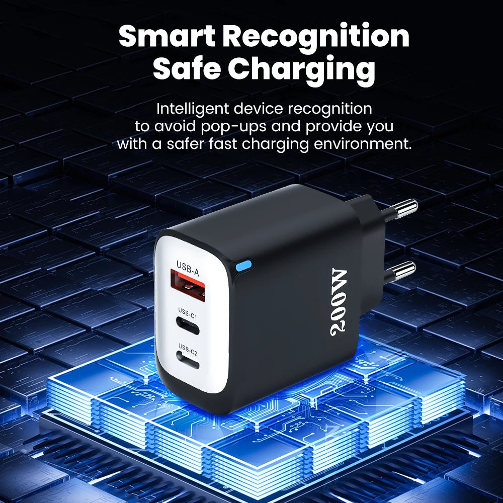 200W USB Type C Charger Quick Charge Portable Fast Charger 1U+2C Multi Port Charging Head
