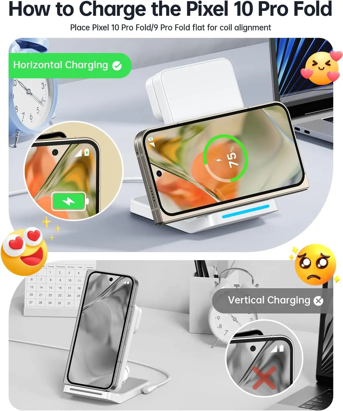 Upgraded 3-in-1 Foldable Wireless Charger Stand for Pixel Phone & Watch