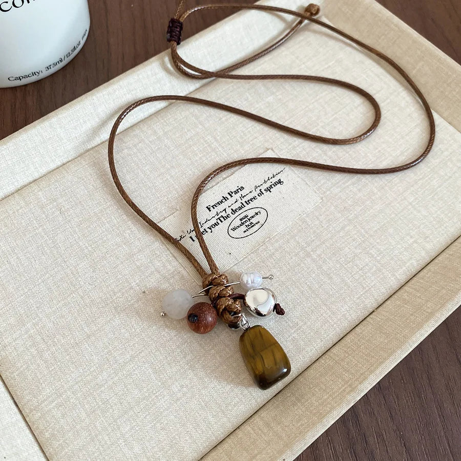💛✨ Natural Spotted Tiger Eye Stone Necklace 🍇 | Vintage Water Droplet Grape Pendant 🌿 | Long Chain Necklace for Women Boho Accessories 💖
