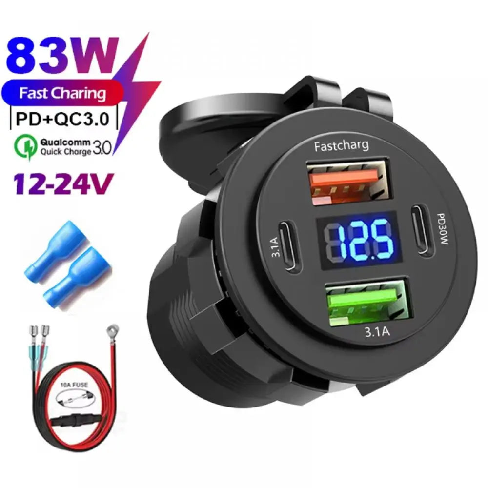 🚗 4‑Port PD + QC 3.0 Car Charger with Voltmeter | 83W Fast Charge | Waterproof 12V/24V