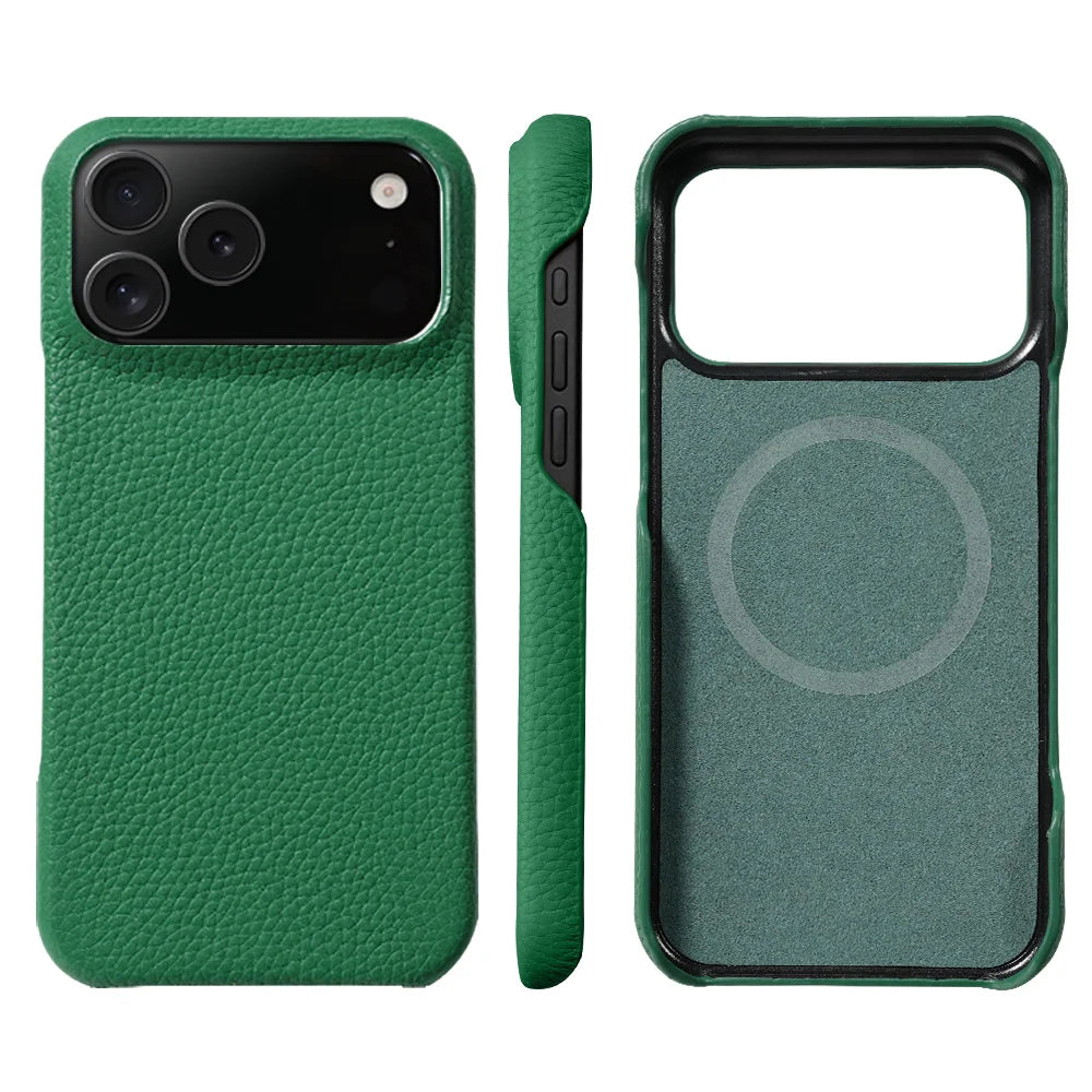 Luxury Lychee Cowhide Leather MagSafe Case for iPhone 17 / 16 / 15 Series