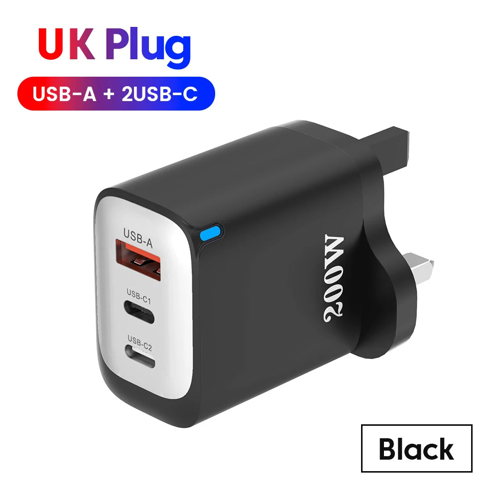 200W USB Type C Charger Quick Charge Portable Fast Charger 1U+2C Multi Port Charging Head