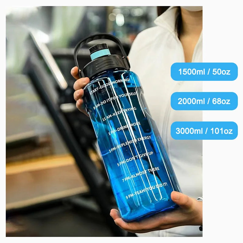 LUSQI Large Capacity Water Bottle (1.5L / 2L / 3L) – Leakproof Straw Bottle with Time Marker 💧✨