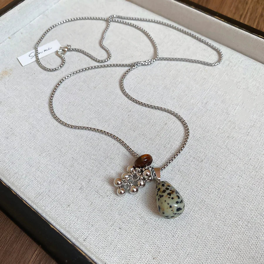 💛✨ Natural Spotted Tiger Eye Stone Necklace 🍇 | Vintage Water Droplet Grape Pendant 🌿 | Long Chain Necklace for Women Boho Accessories 💖