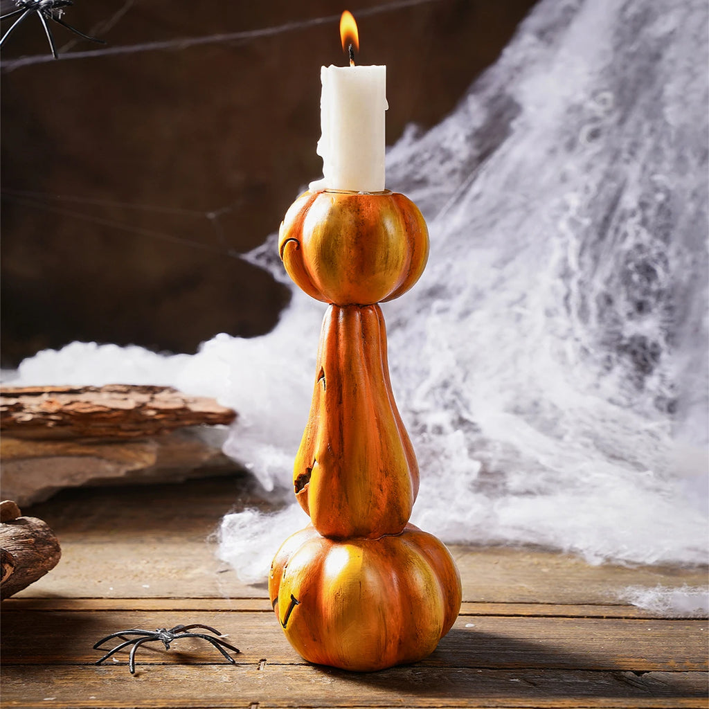 Retro Pumpkin Candlestick – Halloween Resin Décor