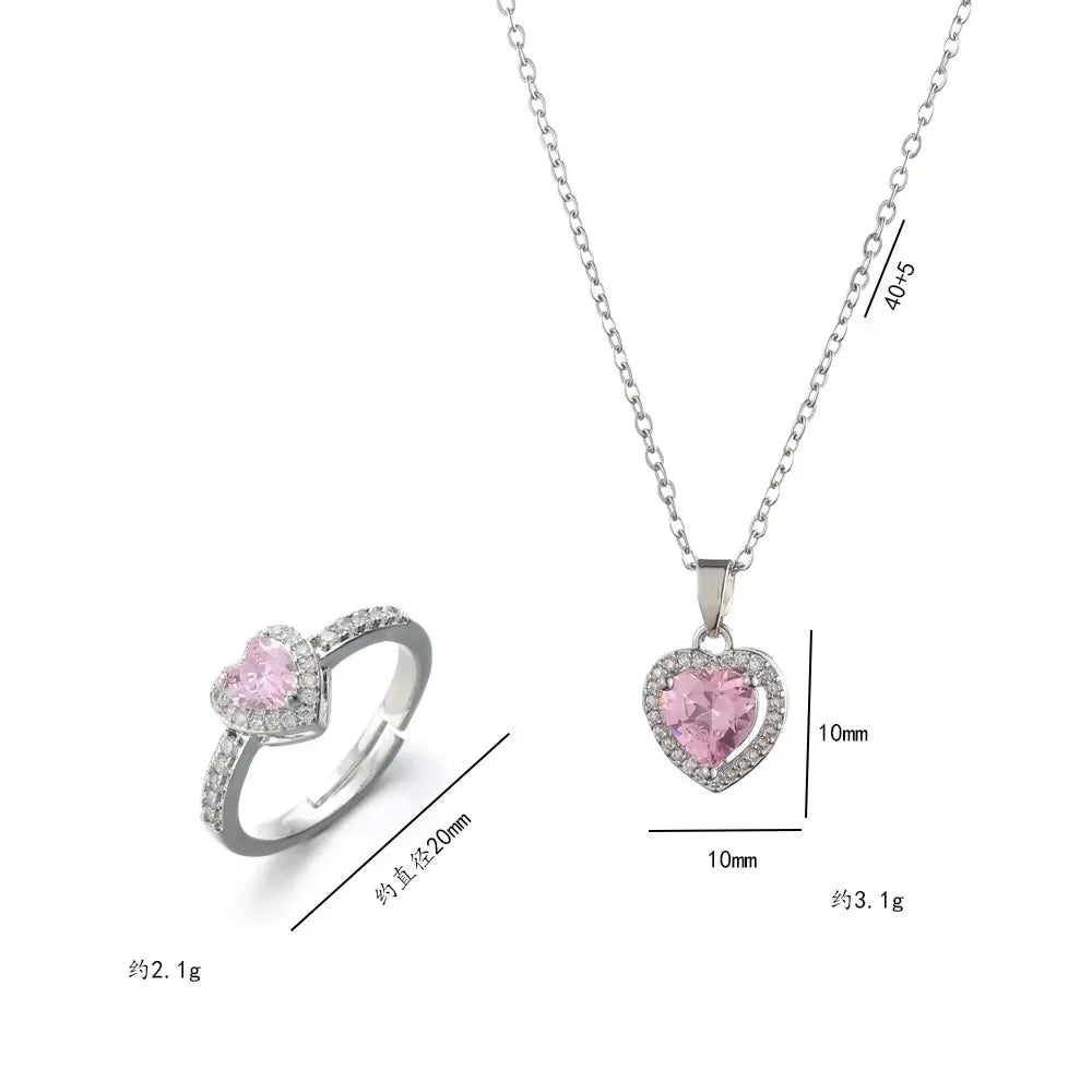 💖✨ Charm Fashion Pink Heart Zircon Jewelry Set 💎 | Luxury Silver Color Stainless Steel Ring & Necklace Set for Women 💕 | Colorfast Crystal Gift