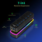 🌈🔌 RGB USB 3.0 Hub 7-Port – 5Gbps with Individual Switch