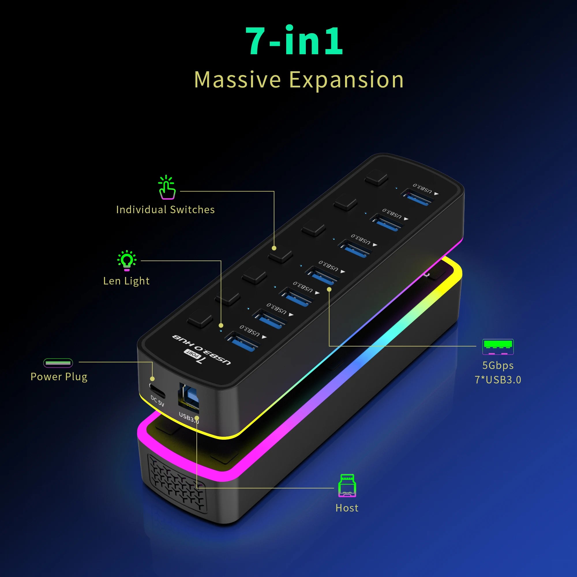 🌈🔌 RGB USB 3.0 Hub 7-Port – 5Gbps with Individual Switch