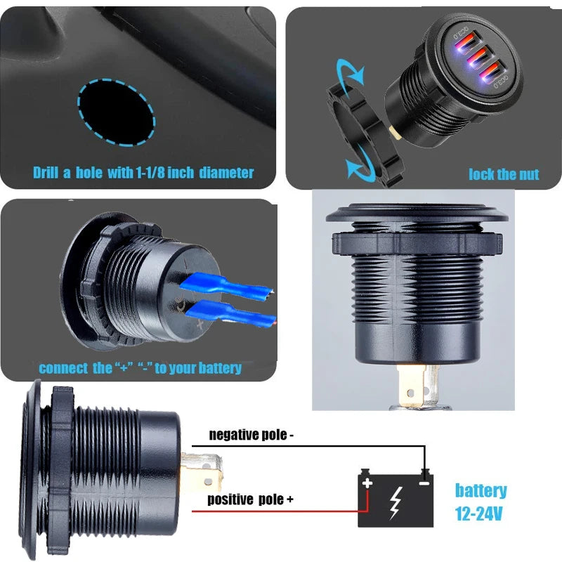 12V/24V Fast Charge USB Socket – 54W PD USB‑C + Dual QC3.0 Ports | Marine, Motorcycle, Truck & Car Power Outlet