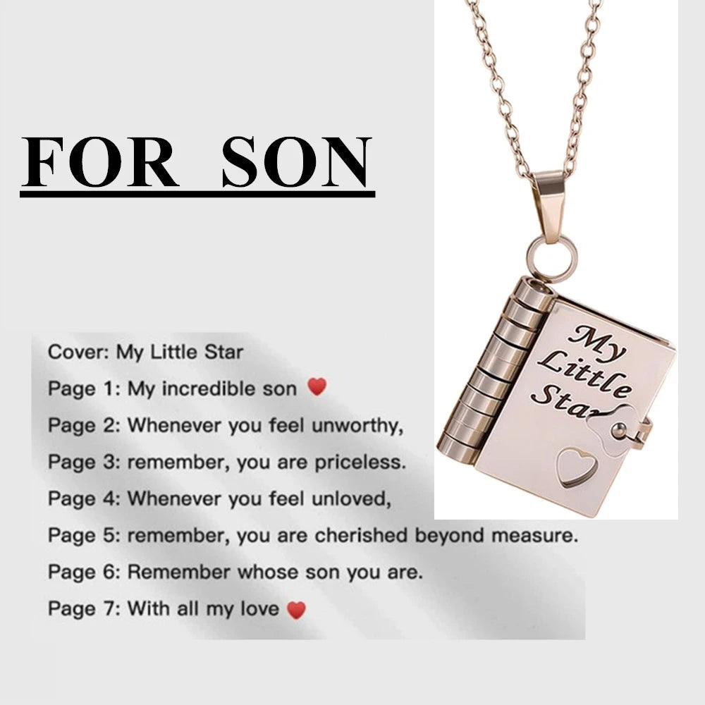 📖💙 To My Champion Son Book Necklace 🏆 | Engraved Openable Book Pendant with 6 Message Pages ✨ | Birthday Gift for Boys – My Little Hero 💪